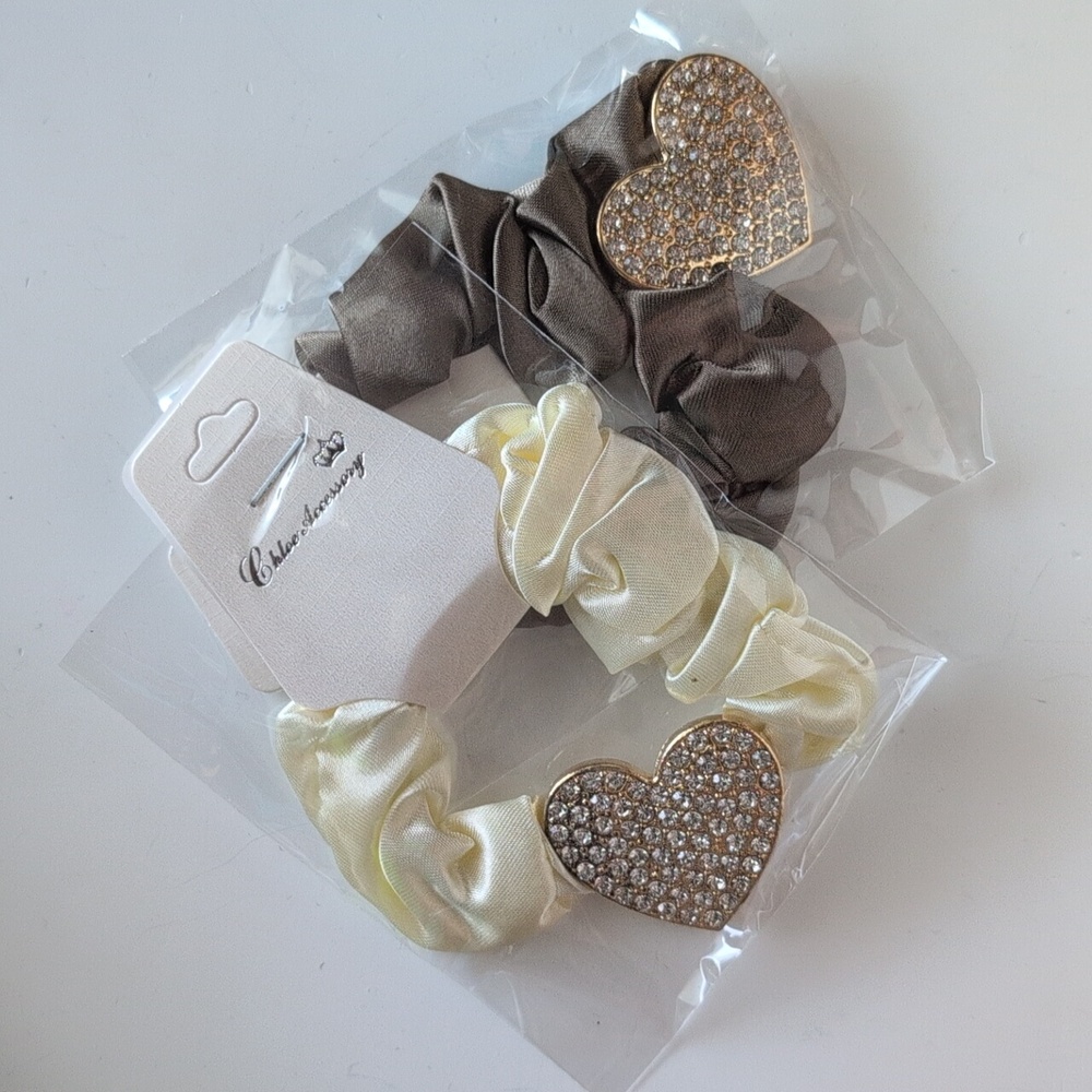 Satin Scrunchies Set with Sparkling Metallic Metal Heart Accents